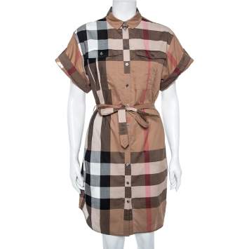 Pre Owned Burberry Brit Brown Checkered Cotton Belted Shirt Dress S