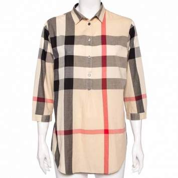 Pre Owned Burberry Brit Beige Exploded Check Cotton Button Front Tunic M 