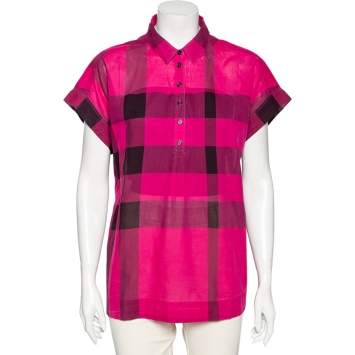 Pre Owned Burberry Brit Pink Checkered Cotton Half Button Shirt L