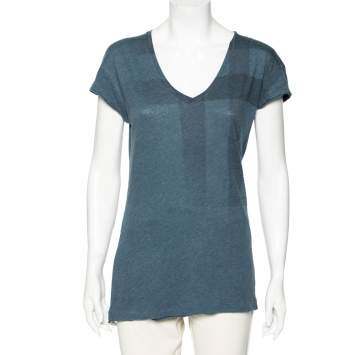 Pre Owned Burberry Brit Blue Check Cotton V Neck Top M