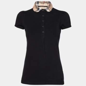 Pre Owned Burberry Brit Black Honeycomb Knit Nova Check Collar Detail Polo T-Shirt S