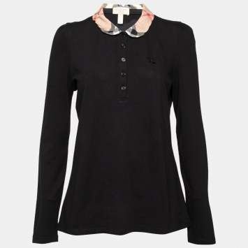 Pre Owned Burberry Brit Black Cotton Pique Nova Check Trim Detail Polo T-Shirt L