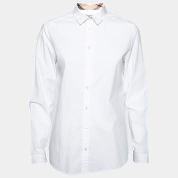 Pre Owned Burberry Brit White Cotton Checked Trim Detailed Button Front Shirt M