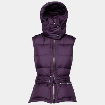 Pre Owned Burberry Brit Purple Synthetic Sleeveless Belted Puffer Hooded Jacket XS