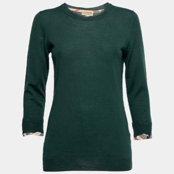 مملوكة مسبقًا Burberry Brit Green Merino Wool Nova Check Cuff Detail Sweater S