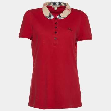Pre Owned Burberry Brit Red Cotton Pique Nova Check Collar Detail Polo T-Shirt L
