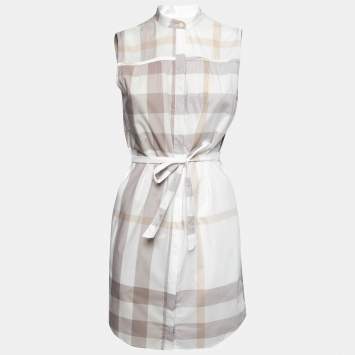Pre Owned Burberry Brit Off White Checked Cotton Sleeveless Belted Shirt Dress S
