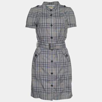 Pre Owned Burberry Brit Grey Nova Check Cotton Belted Mini Dress M