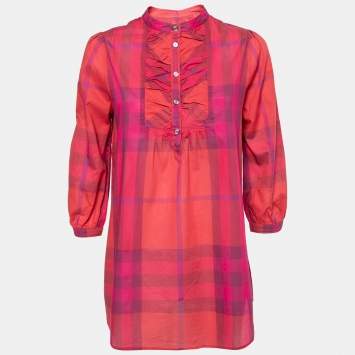 Pre Owned Burberry Brit Pink Madras Check Cotton Ruched Neck Detail Tunic S