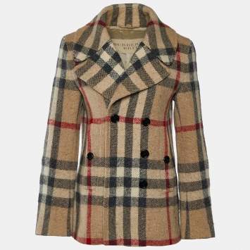 Pre Owned Burberry Brit Beige Giant Check Wool Plumton Pea Coat M
