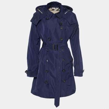 Pre Owned Burberry Brit Navy Blue Synthetic Balmoral Hooded Trench Coat L