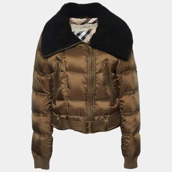 Pre Owned Burberry Brit Brown Quilted Faux Shearling Collar Cropped Jacket L