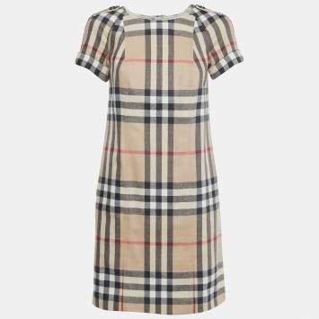 Pre Owned Burberry Brit Beige Nova Check Wool Fleece Midi Dress S