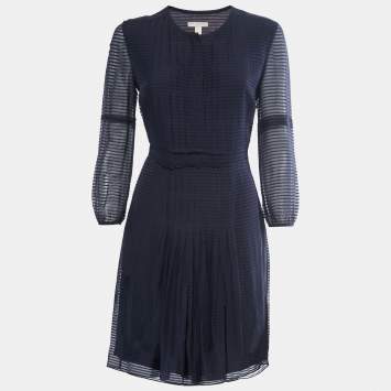 Pre Owned Burberry Brit Navy Blue Striped Wool & Silk Pleated Midi Dress S