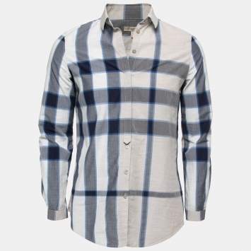 Pre Owned Burberry Brit Grey & Blue Checked Cotton Button Front Shirt M