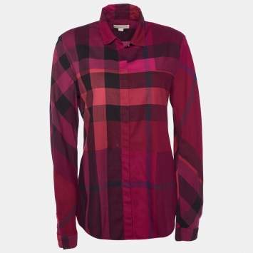 Pre Owned Burberry Brit Magenta Checkered Cotton Button Front Shirt L