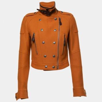 Pre Owned Burberry Brit Amber Orange Wool Biker Jacket S
