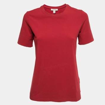Pre Owned Burberry Brit Red Stretch Cotton Nova Check Trim Round Neck T-Shirt M