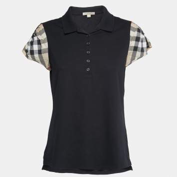 Pre Owned Burberry Brit Black Cotton Pique Nova Check Sleeve Detail Polo T-Shirt L