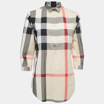 Pre Owned Burberry Brit Beige Nova Check Cotton Half Placket Blouse XS