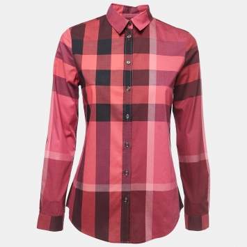 Pre Owned Burberry Brit Dark Pink Giant Check Cotton Button Front Shirt XS