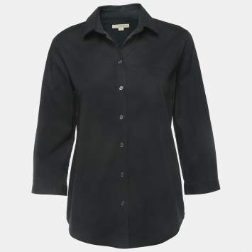 Pre Owned Burberry Brit Black Logo Embroidered Cotton Button Front Full Sleeve Shirt M