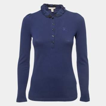 Pre Owned Burberry Brit Navy Blue Cotton Ruffled Collar Full Sleeve Polo T-Shirt XS