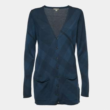 مملوكة مسبقًا Burberry Brit Navy Blue Checkered Wool Blend Cotton Button Front Cardigan L