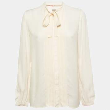 Pre Owned Burberry Brit Cream Pleated Silk Tie Neck Shirt M