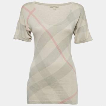 Pre Owned Burberry Brit Beige Checked Silk Blend Knit V-Neck T-Shirt XS