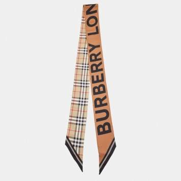Pre Owned Burberry Beige & Brown Vintage Check Silk Ribbon Scarf