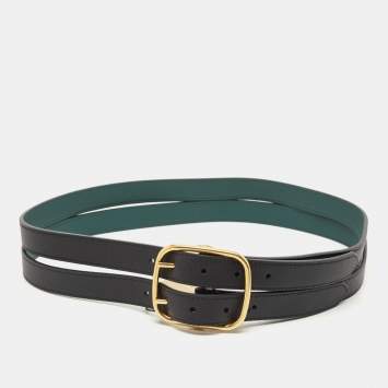 مملوكة مسبقًا Burberry Black/Green Leather Lyndon Double Strap Buckle Belt 90CM