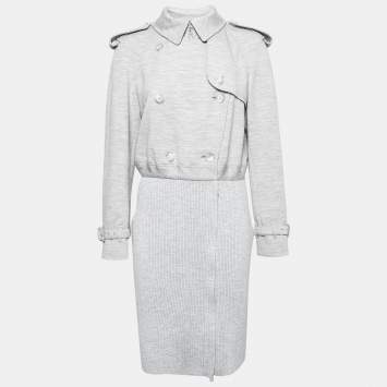Pre Owned Burberry Grey Wool Rib Knit Double Breasted Zip Front Coat S