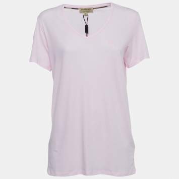 Pre Owned Burberry London Light Pink Logo Embroidered Cotton V-Neck T-Shirt L