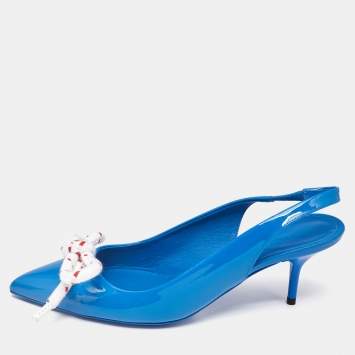 Burberry Blue Patent Leather Fink Bow Slingback Pumps Size 36.5