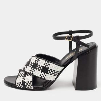 مملوكة مسبقًا Burberry Black/White Woven Leather London Ankle Strap Sandals Size 39