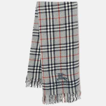 Pre Owned Burberry London Vintage Grey Nova Check Wool Fringed Scarf