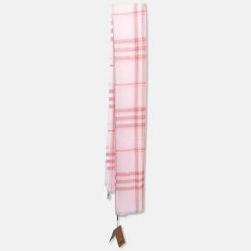 Pre Owned Burberry London Pink Giant Check Pattern Silk & Wool Fringed Scarf