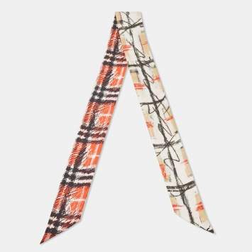 مملوكة مسبقًا Burberry Orange/Beige Scribble Check Print Silk Bandeau Scarf