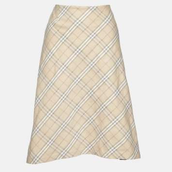 Pre Owned Burberry Beige Plaid Cotton Blend Midi Skirt M