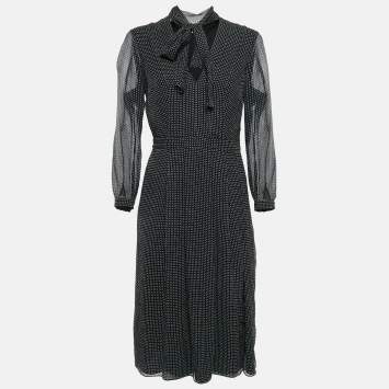 مملوكة مسبقًا Burberry London Black Polka Dots Print Silk Pleated Midi Dress S