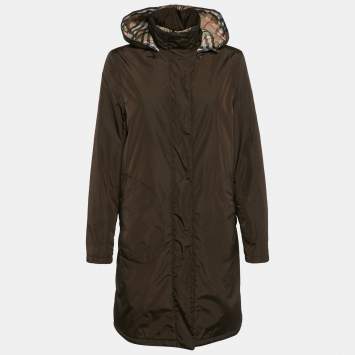 Pre Owned Burberry London Brown Nylon Detachable Hood Overcoat M