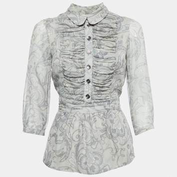 Pre Owned Burberry London Grey Printed Crepe Tie-Up Waist Pleated Top S