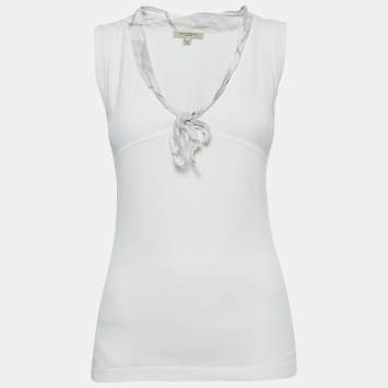 Burberry London White Cotton Knit Tie-Up Neck  Detail Sleeveless Top S