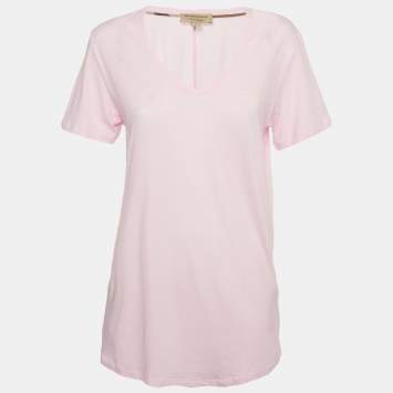 Burberry Pink Logo Embroidered Cotton V-Neck T-Shirt L