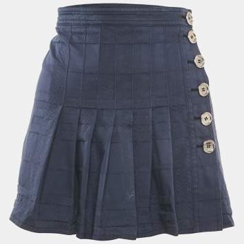 Burberry London Navy Blue Jacquard Pleated Mini Wrap Skirt M