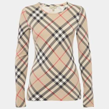 Burberry London Beige Tartan Check Print Cotton Long Sleeve Top S