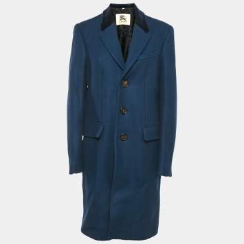 Burberry London Blue Velvet Collar Wool Coat L
