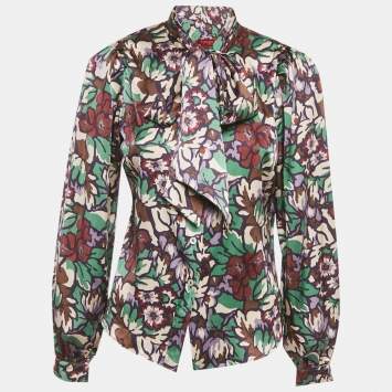 Pre Owned Burberry London Multicolor Printed Satin Silk Tie-Up Neck Detail Blouse S