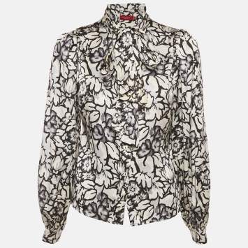 Pre Owned Burberry White/Black Floral Print Satin Silk Tie-Up Neck Detail Blouse S